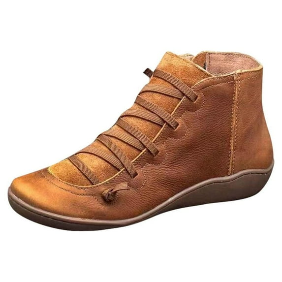 GHSOHS Cowgirl Boots for Women Large Size Leather Western Cowboy Boots Retro Fashion Flat Heel Lace-up Side Zipper Ankle Booties Shoes, 35