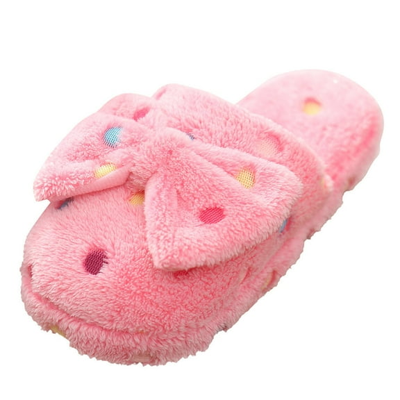 GHSOHS Cute Bow Fuzzy Slippers for Women Couples Winter Warm Polka Dot Cotton House Slippers Indoor Flat Slides Cozy Home Shoes