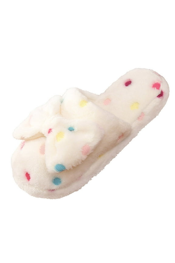 Cute Bow Fuzzy Slippers for Women Couples Winter Warm Polka Dot Cotton House Slippers Indoor Flat Slides Cozy Home Shoes