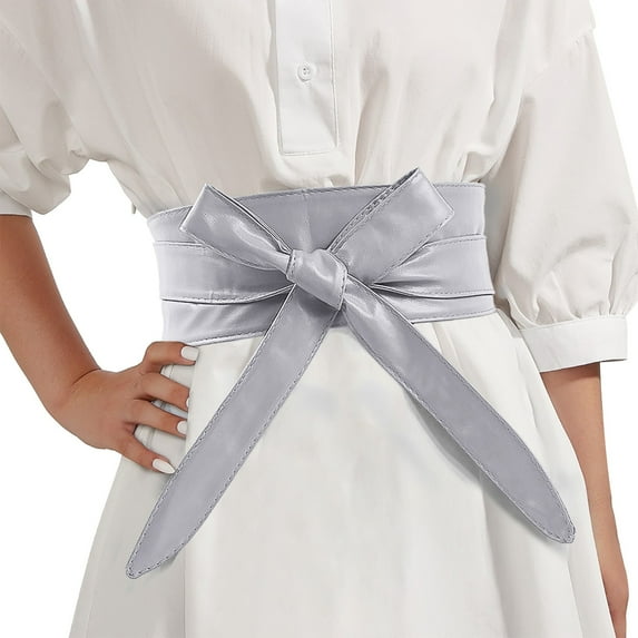 GHSOHS Elastic Belts for Women Fashion Obi Belt Solid Leather Stretch Belt Wrap Around Wide Waistband Knotted Waist Sealing Belts for Dress Silver