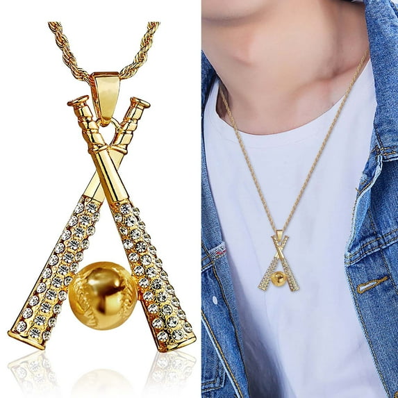 GHSOHS Exquisite Diamond Baseball Bat Pendant Necklaces for Women Men Trendy Gold Silver Plated Rhinestone Choker Party Jewelry Gift