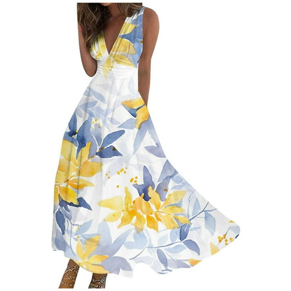 GHSOHS Formal Dresses for Women Bohemian Long Dresses for Women Formal Women's Summer Bohemian Floral Dresses Sleeveless V Neck Casual Flowy Long Dress With Pockets Boho Beach Dresses Ruffle Dre,L