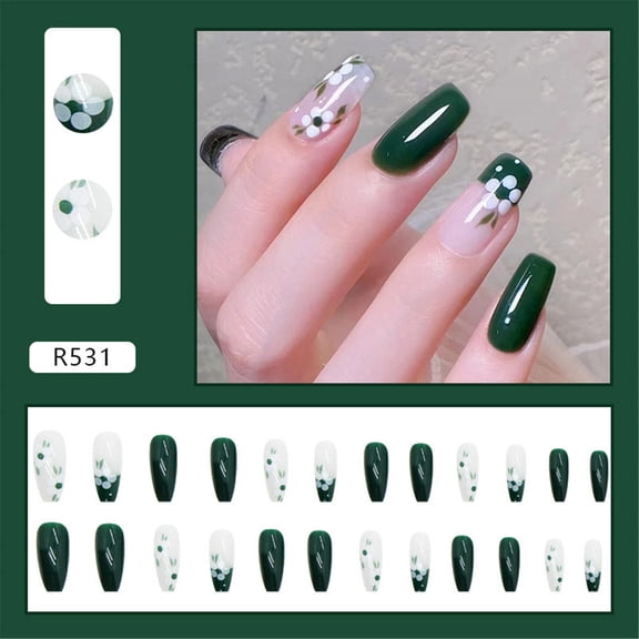 GHSOHS French Tip Press on Nails Long Flower Thin Spring Summer Nail Stickers Green Acrylic Nail Tips Gradient Flower Full Cover Nails 24 Count with Glue