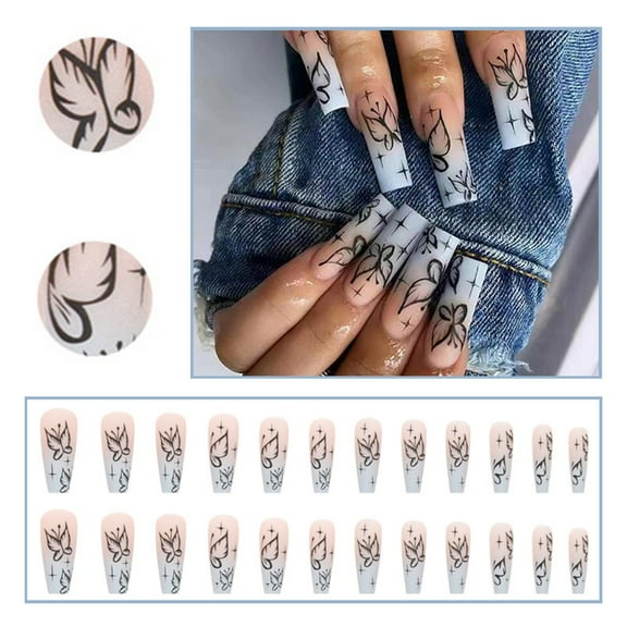 GHSOHS French Tip Press on Nails 24 Pcs Long Style Butterfly Printed Gradient Color Nails Full Cover Glossy Wearable Nail Stickers Manicure with Glue