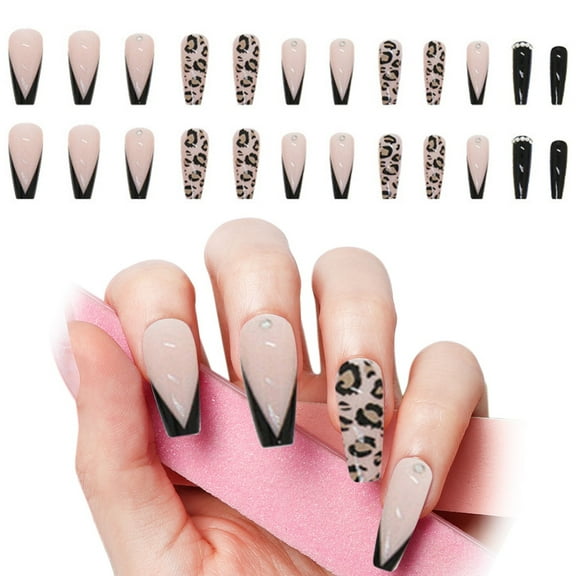 GHSOHS French Tip Press on Nails Long Ballet Wearing Finished Nail Pieces Leopard Print Diamonds Nails Full Cover Nail Stickers 24 Count with Glue