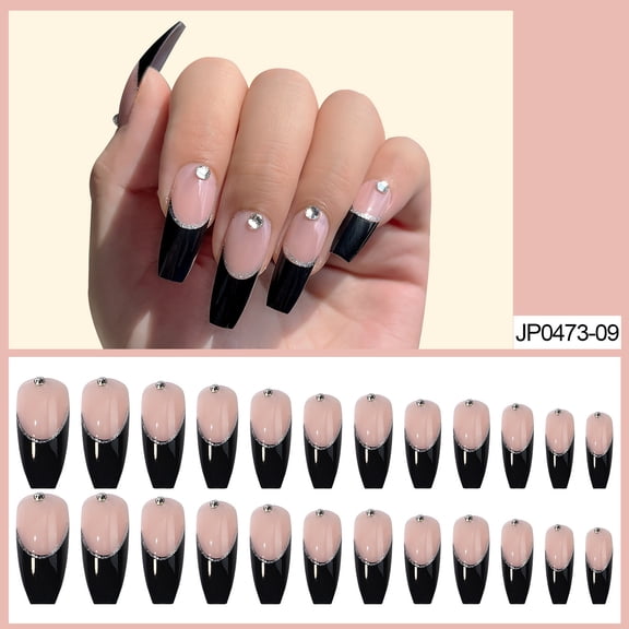 GHSOHS French Tip Press on Nails Pink Black Glossy Long Ballet False Nail Patch Sweet Gentle Detachable Nail Stickers Nails 24 Count with Glue