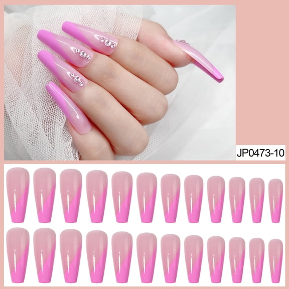 GHSOHS French Tip Press on Nails Rose Red Long Point Drill Removable Nail Stickers Rhinestone Designs Full Cover Detachable Nails 24 Count with Glue