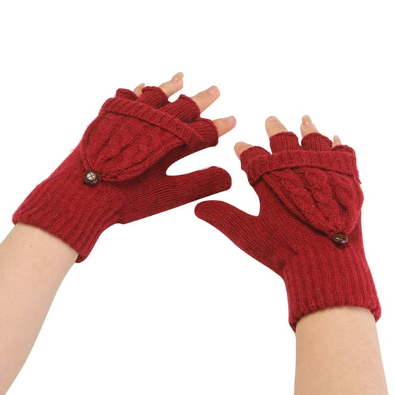 GHSOHS Gloves Thermal Insulation Fingerless Texting Wool Gloves for Women Men Winter Warm Knitted Convertible Mittens Flap Hand Wrist Warmer Fingerless Gloves for Cold Weather Wine Finger Gloves