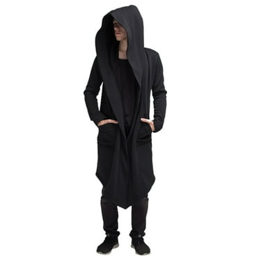 GHSOHS Hoodies for Men Dark Style Long Cardigan Cloak Coat Oversized Lightweight Hooded Sweatshirt with Pockets Party Sweater M Black