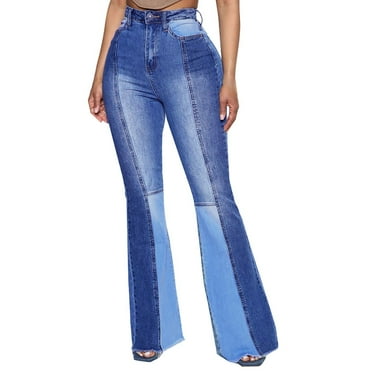 GHSOHS Jeans for Women Bell Bottoms for Women Blue Denim Pants Womens Jeans High Waisted Bell Bottom Jeans Trendy Two Tone Patchwork Bootcut Jeans Washed Ripped Flare Jeans Bell Bottoms for Women L