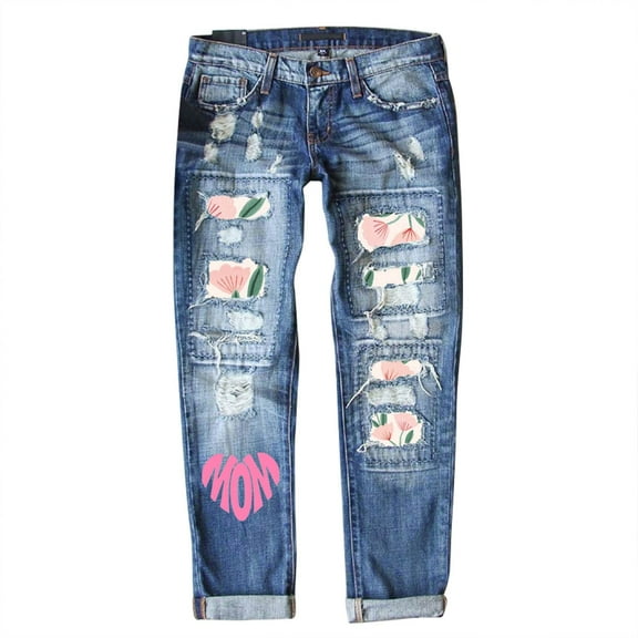 GHSOHS Jeans for Women Blue Denim Pants Curvy Jeans Mother's Day Ripped Jeans for Women Plus Size Floral Patch Boyfriend Distressed Stretch Skinny Jeans with Hole Denim Pants Flare Jeans
