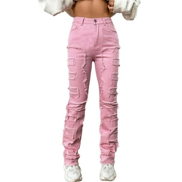 GHSOHS Jeans for Women Colored Jeans for Women Pink Denim Pants Womens Jeans Denim Embroidered Straight Leg Pants Stretch Patch Denim Stacked Straight Leg Jeans For Women XL