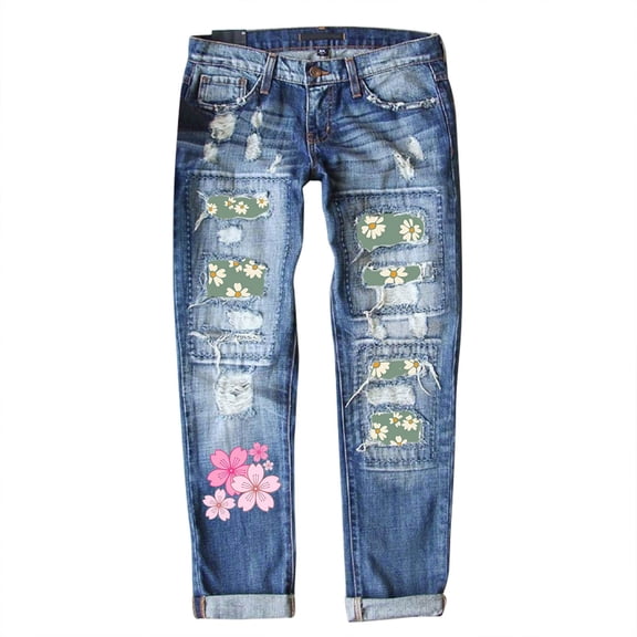 GHSOHS Jeans for Women Denim Pants White Capri Jeans for Women Mother's Day Ripped Jeans for Women Plus Size Floral Patch Boyfriend Distressed Stretch Skinny Jeans with Hole Denim Pants Barrel Jeans