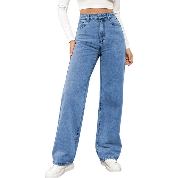 GHSOHS Jeans for Women Heans Light Blue Denim Pants Womens Jeans Stretchable Washed Denim Jeans Fashionable Versatile Straight Leg Jeans Pants Trousers Clothes High Waist Wide Leg Jeans for Women L