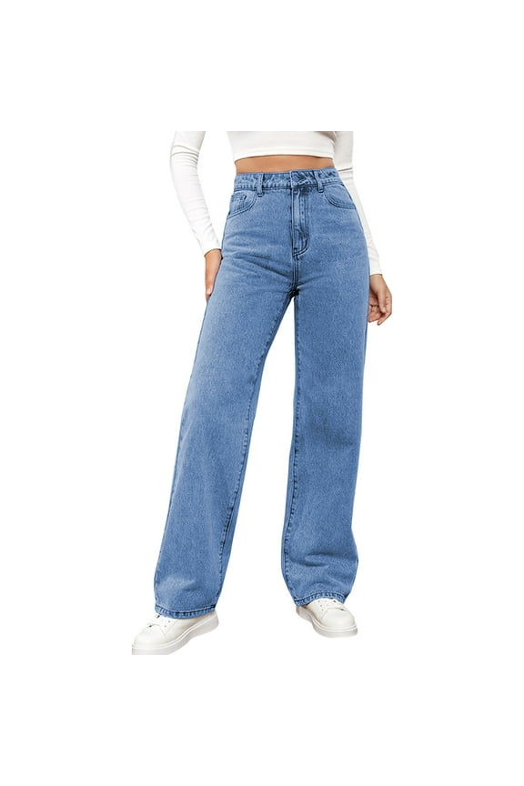 Jeans for Women Heans Light Blue Denim Pants Womens Jeans Stretchable Washed Denim Jeans Fashionable Versatile Straight Leg Jeans Pants Trousers Clothes High Waist Wide Leg Jeans for Women L