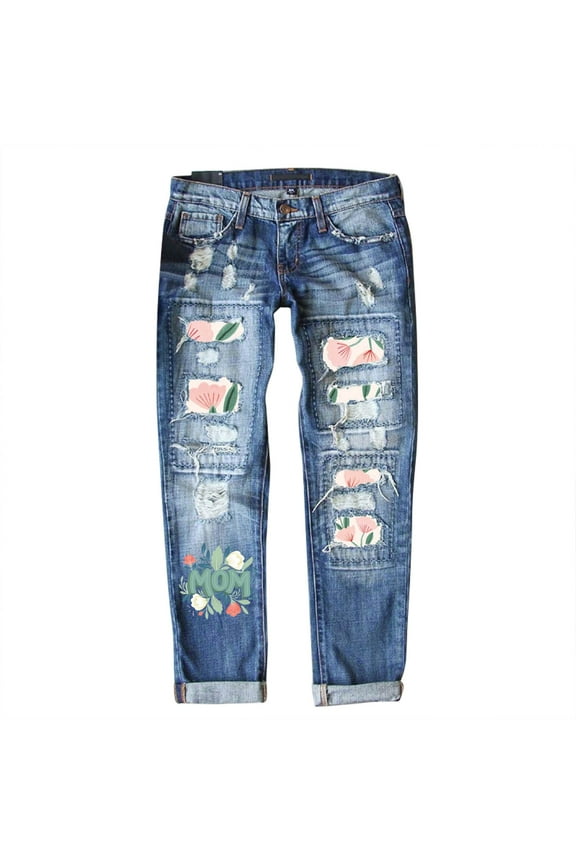 Jeans for Women Navy Denim Pants Womens Cargo Capris Mother's Day Ripped Jeans for Women Floral Patch Boyfriend Distressed Stretch Skinny Jeans with Hole Denim Pants Wide Leg Baggy Jean