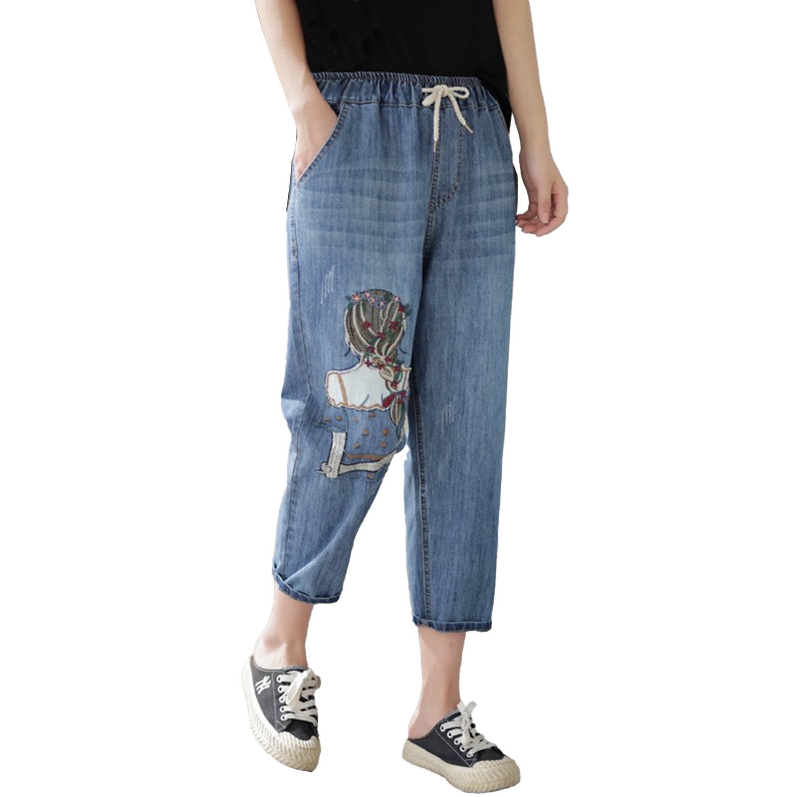 GHSOHS Jeans for Women Pajama Jeans Brown Denim Pants Womens Jeans Comfortable Literary Embroidery High Waisted Baggy Jeans Washed Ripped Straight Leg Jeans Cargo Jeans Tall Pants for Women S Walmart....