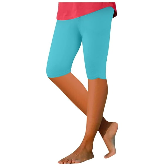 GHSOHS Leggings for Women Capri Leggings for Women's Tummy Control Knee Length Capri Leggings 2024 Summer Cropped Pants Casual Solid Comfy Capris Soft Leggings Blue Jeggings Capris Pants Women C,2XL
