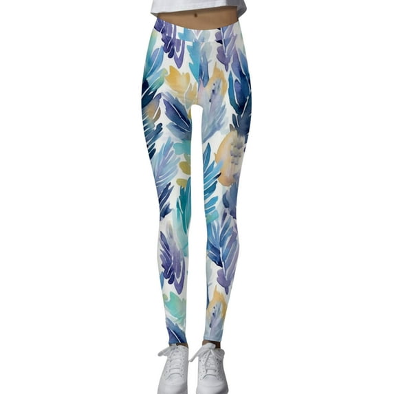 GHSOHS Leggings for Women Soft Workout Leggings Tie Dye Floral Printed High Waisted Leggings Seamless Stretchy Tights Sports Yoga Pants High Waisted Leggings Blue Jeggings Capris Pants Cropped L,S