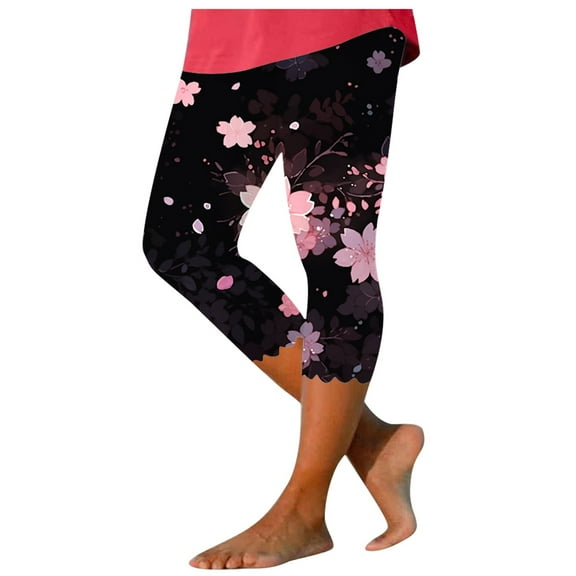GHSOHS Leggings for Women Yoga Pants Capri Jeans Jeggings Tights Capri Leggings for Women Floral Print Cropped Leggings Knee Length Summer Workout Leggings Casual Comfy Cropped Yoga Pants Capri P,2XL