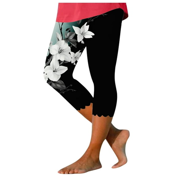 GHSOHS Leggings for Women Yoga Pants Khakis Pants for Women Capri Leggings for Women Floral Print Cropped Leggings Knee Length Summer Workout Leggings Casual Comfy Cropped Yoga Pants Dress Capris,S