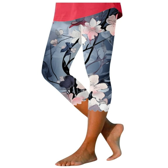 GHSOHS Leggings for Women Yoga Pants White Pants for Women Capri Leggings for Women Floral Print Cropped Leggings Knee Length Summer Workout Leggings Casual Comfy Cropped Yoga Pants Petite Capris,S