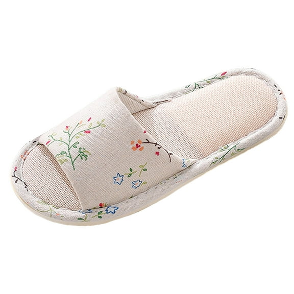 GHSOHS Linen Slippers for Women Foam Bottom Home Shoes Cute Cartoon Cat Print Flat Slides Open Toe Non Slip Cozy Soft House Slippers