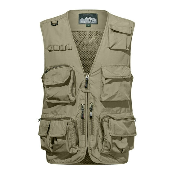 GHSOHS Men's Casual Outdoor Vest Work Fishing Travel Cargo Vest Jacket Multi Pockets Soild Washed Coat Large Size Outerwear Vests(Khaki,XL)