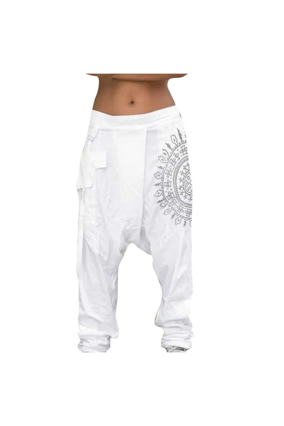 Men's Harem Pants Vintage Fashion Printed Loose Drop Crotch Wide Leg Trousers Plus Size Elastic Drawstring Waist Baggy Pants Hop Trousers,White L