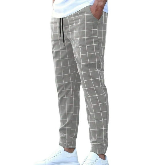 GHSOHS Men's Plaid Casual Pants Suit Pants Cotton Elastic Drawstring Waist Chino Pants with Pockets Trendy Regular Fit Straight Leg Trousers Dress Pants,Khaki XL