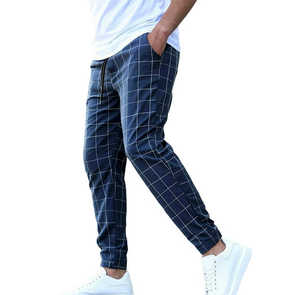 GHSOHS Men's Plaid Casual Pants Suit Pants Cotton Elastic Drawstring Waist Chino Pants with Pockets Trendy Regular Fit Straight Leg Trousers Dress Pants,Dark Blue L