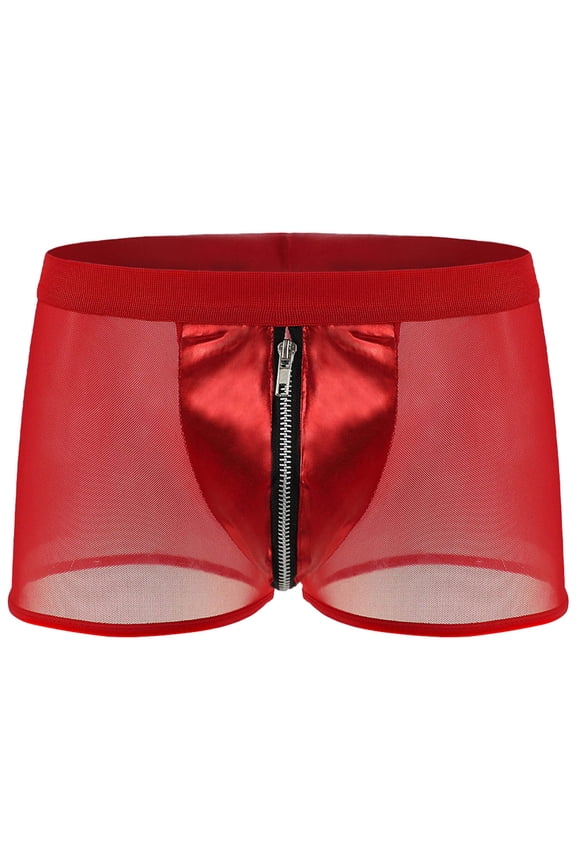 Men's Underwear Large Size Men's Briefs Comfort Trunks Mens Fun Underwear Medium Waist Fine Mesh Imitation Leather Zipper Flat Corner Pants Boxer Brief Cotton Panties Man Underwear,XL