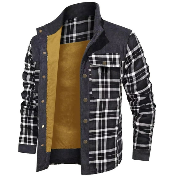 GHSOHS Men's Winter Wool Plaid Shirt Lined Jacket Fall Casual Turn Down Collar Flannel Coat Cardigan Plus Size Pocket Outerwear 2XL