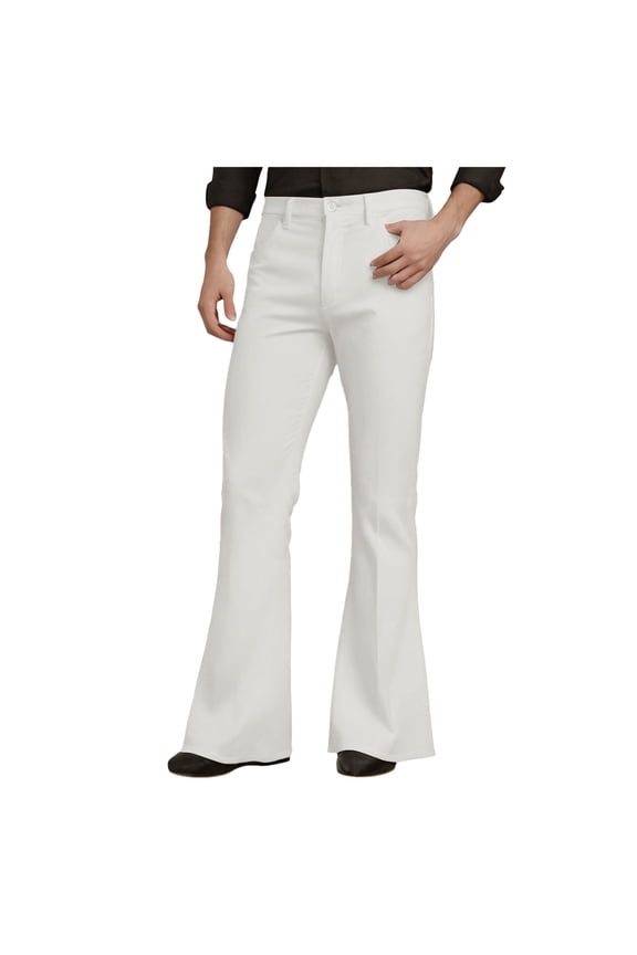 Mens Bell Bottom Pants High Waist Chinos Pants Vintage 70S Disco Pants for Men Slim Fit Flared Trousers Twill Cotton Dress Pants with Pockets White,XL