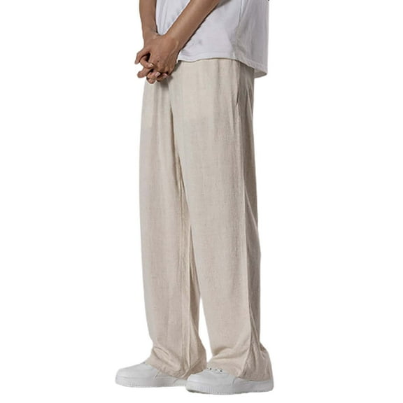 GHSOHS Mens Cotton Linen Drawstring Pants Loose Fit Elastic Waist Straight-Legs Summer Yoga Beach Long Pants Baggy Trousers Jogger Pants with Pockets,Beige L