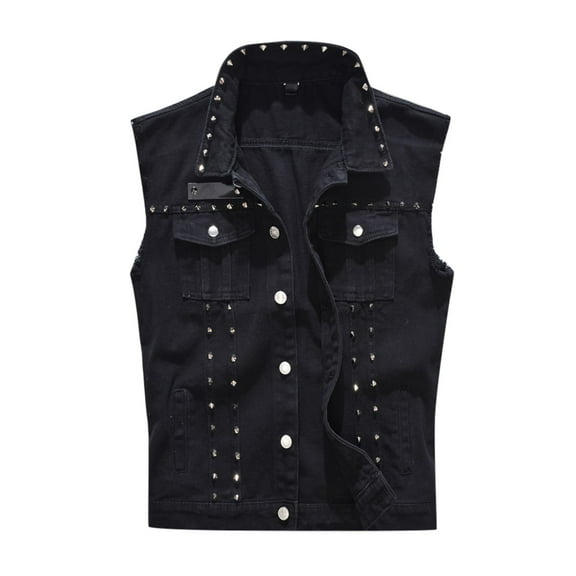 GHSOHS Mens Denim Vest Retro Fashion Stripes Washed Suit Vest Large Size Slim Fit Stand Collar Ripped Jeans Vests Casual Outerwear (Black,L)