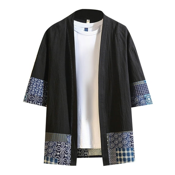 GHSOHS Mens Dress Shirts Black Golf Shirts for Men Japanese Kimono Cardigan Long Shirts Fashion Casual Tang Style Loose Pattern Long Sleeve Shirt Open Front Coat Yukata Retro Striped Shirt Men,M