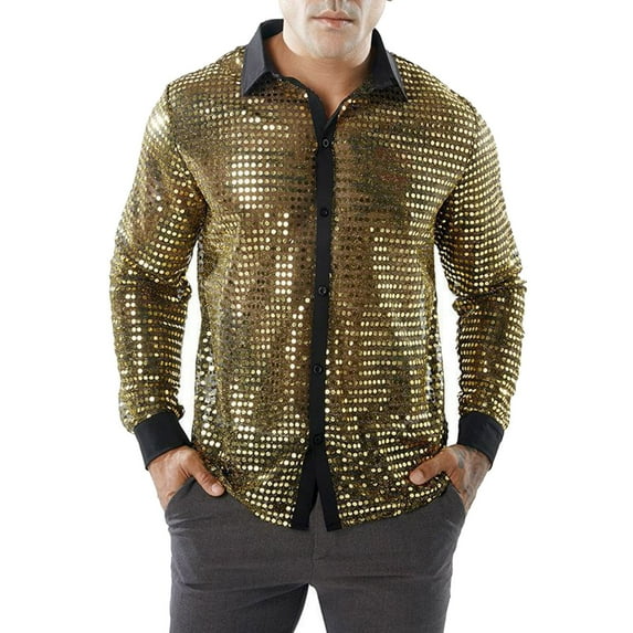 GHSOHS Mens Dress Shirts Gold Black Shirts Long Sleeved Performance Wear Sequin Shirt Long Sleeved Lapel 70s Disco Party Wear Trend Long Sleeved Shirt Mens Hawaiian Shirts Short Sleeve,3XL