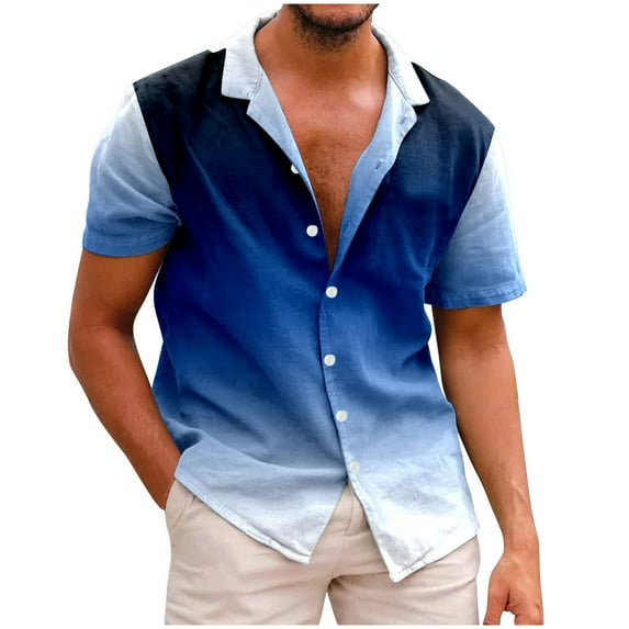 GHSOHS Mens Dress Shirts Summer Dress Shirts for Men Dark Blue Striped T Shirt Seaside Leisure Loose Button Stand Digital 3D Printed Shirt Short Sleeve Top Hawaiian Shirt Plus Size Dress Shirts XL