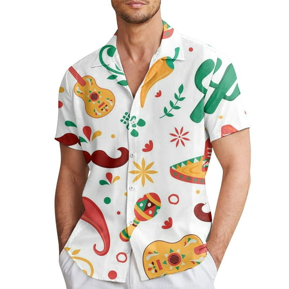 GHSOHS Mens Dress Shirts White Men's Hawaiian Shirt Spring And Summer Mexican Style Casual Shirts Lapel Full Print Short Sleeve Holiday Vacation Beach Shirts Easter Button Up Shirts for Men,L