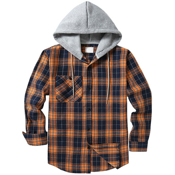 GHSOHS Mens Flannel Plaid Shirts Hooded Jackets Fall Winter Vintage Fashion Long Sleeve Drawstring Button Shirts Cardigan Coat(3XL,Navy)