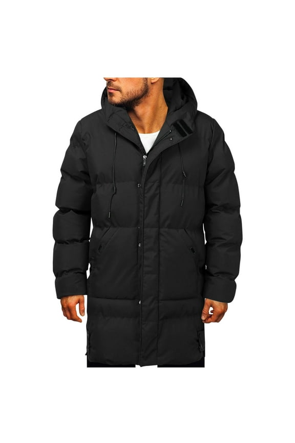 Mens Jacket Long Styke Winter Coats Casual Loose Long Sleeve Hooded Zipper Splicing Coat Heavyweight Windproof Outerwear Black 3XL
