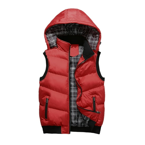 GHSOHS Mens Outdoor Vest Coats Casual Plaid Quilted Lined Cotton Jacket Sleeveless Zipper Pocket Detachable Hooded Outerwear Vests(Red,L)