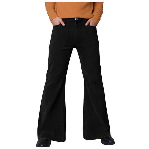GHSOHS Mens Retro 70S Disco Pants Corduroy Bell Bottom Pants with Pockets Vintage Slim Fit Flared Trousers 60s Classic Comfort Cotton Work Pants Black,M