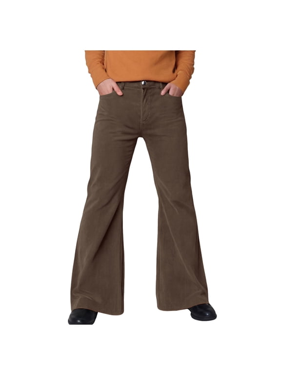 Mens Retro 70S Disco Pants Corduroy Bell Bottom Pants with Pockets Vintage Slim Fit Flared Trousers 60s Classic Comfort Cotton Work Pants Coffee,L