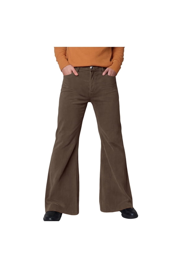 Mens Retro 70S Disco Pants Corduroy Bell Bottom Pants with Pockets Vintage Slim Fit Flared Trousers 60s Classic Comfort Cotton Work Pants Coffee,L