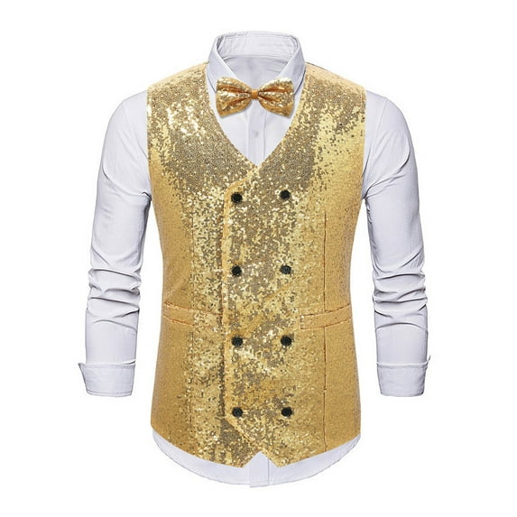 GHSOHS Mens Sequins Vest and Necktie Sparkling Double Button Vest Wedding Formal V-neck Shiny Waistcoat Bowtie Set Prom Party Tuxedo M