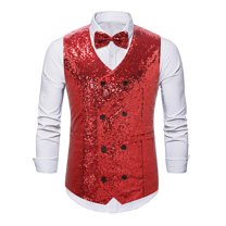 GHSOHS Mens Sequins Vest and Necktie Sparkling Double Button Vest Wedding Formal V-neck Shiny Waistcoat Bowtie Set Prom Party Tuxedo S