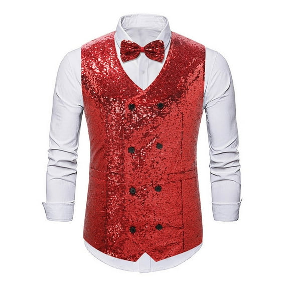 GHSOHS Mens Sequins Vest and Necktie Sparkling Double Button Vest Wedding Formal V-neck Shiny Waistcoat Bowtie Set Prom Party Tuxedo S