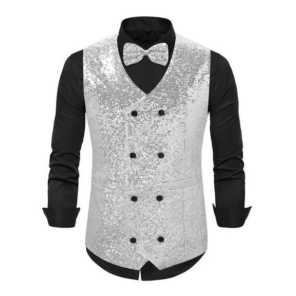 GHSOHS Mens Sequins Vest and Necktie Sparkling Double Button Vest Wedding Formal V-neck Shiny Waistcoat Bowtie Set Prom Party Tuxedo S